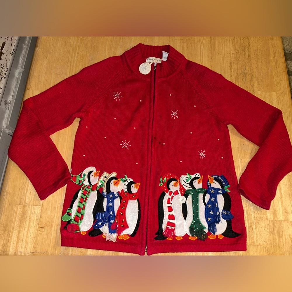 Christmas holiday  sweater zip up cardigan beaded  Penguin snowflakes woman’s S